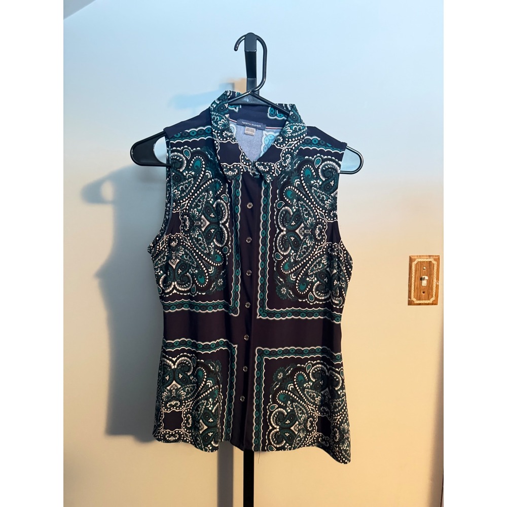 Tommy Hilfiger Womens Navy Teal Paisley Bandana Print Sleeveless Button Up Top M